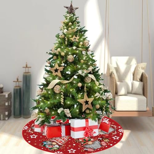 GAGEC Red Christmas Tree Skirt 18 Inch with Gnomes & Snowflakes - Indoor Outdoor Holiday Decor