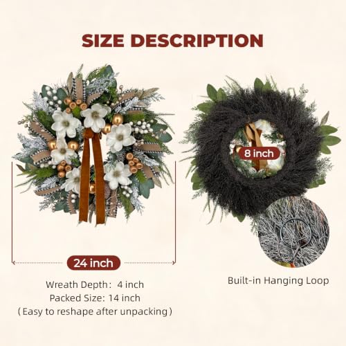24-Inch Farmhouse Christmas Wreath with Magnolia & Pine | Buffalo Check Ribbon