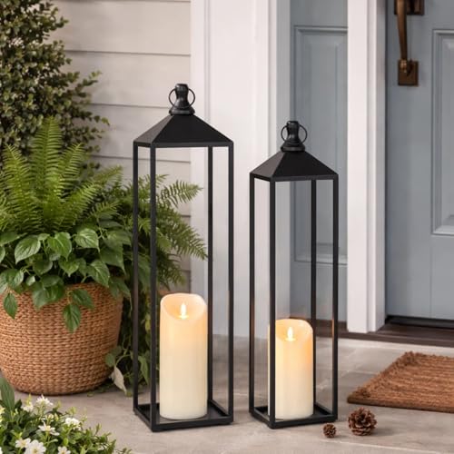 Large Outdoor Indoor Lantern Set of 2 - 22in & 19in Black Modern Top Flameless Candles