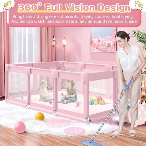 Pink Baby Playpen 74x50x27 Inch Large Indoor & Outdoor Toddler Play Yard with Soft Mesh