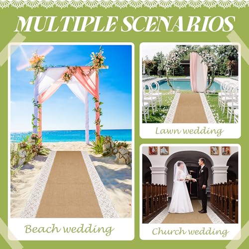 20ft Natural Burlap Wedding Aisle Runner with Lace Edges - Moonoom