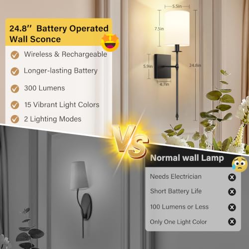24.8 Inch Battery Operated Wall Sconces Set of 2 with Remote - Black & White