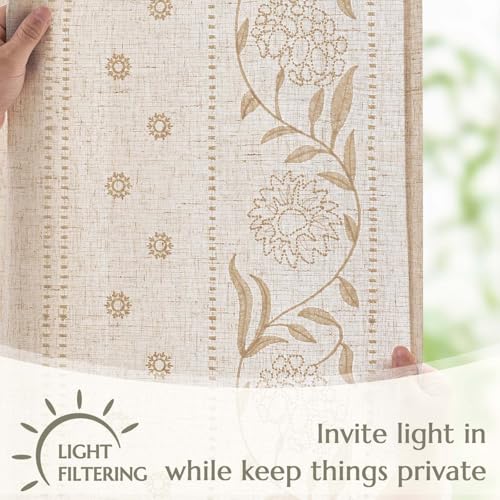 JINCHAN Ivory Floral Linen Curtains 50" x 84" - Pack of 2, Back Tab, Light Filtering