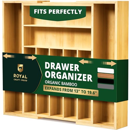 Royal Craft Wood Natural Bamboo 9 Slot Flatware Organizer for Kitchen Drawer - Expandable Silverware Tray