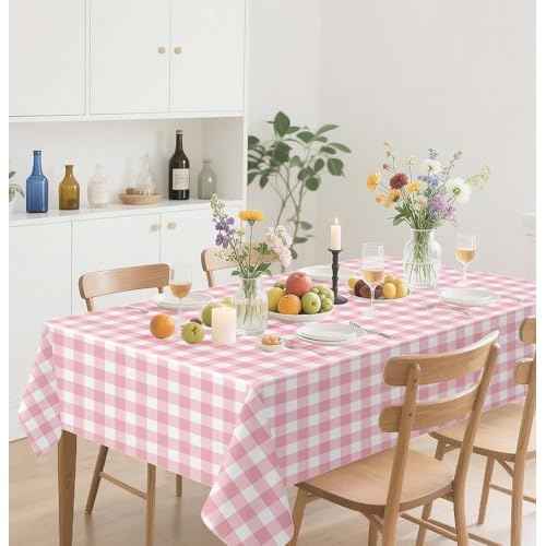 HEIPINIUYE 2 Pack Pink Gingham Tablecloth Disposable 54 x 108 Inch Pink and White Plaid Plastic Table Cloth Disposable Rectangle Table Cover for Party Birthday Picnic Checkered Tablecloths