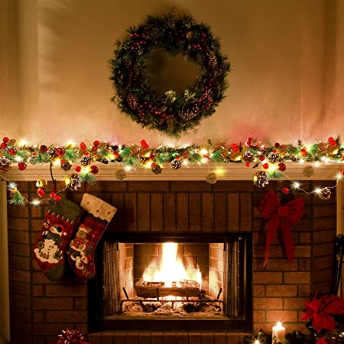 Christmas Garland with Lights, 10 Feet, 30 LED Lights, Pinecones, Red Berries, and Bells Decorations, Christmas Indoor Decorations for Home and Mantelpiece Door Frame Decorations