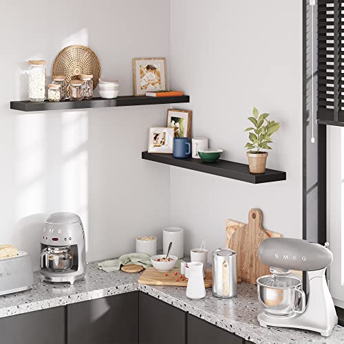 40-Inch Black Floating Wall Shelves Set of 2 - Extra-Wide Display Shelves with Invisible Brackets, Modern MDF Design, Versatile for Home & Office