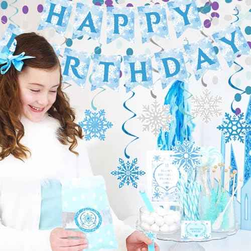 Winter Snowflake Hanging Swirl Happy Birthday Party Decorations Banner, Blue White Silver Christmas Glitter Snowflake Hanging Swirls for Winter Wonderland Birthday Party Supplies