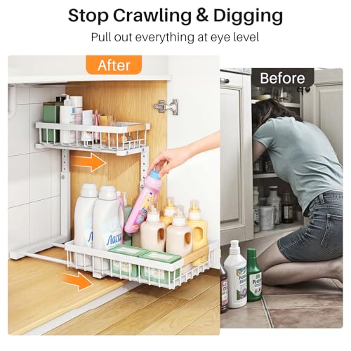 PXRACK Large White 2-Pack Under Sink Organizer - Adjustable 2-Tier Pull-Out Cabinet Storage for Kitchen & Bathroom