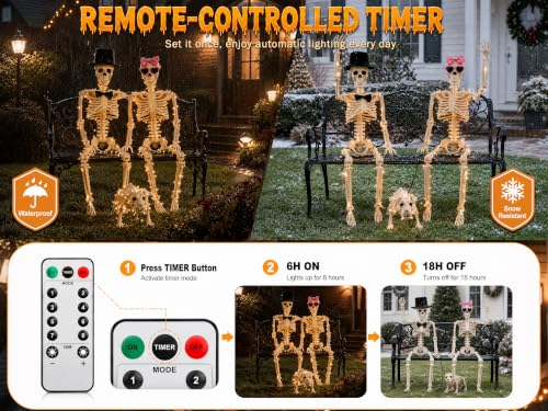 Gleemoria 3PC Halloween Skeleton Decorations Set - Life-Size Skeletons & Dog, Adjustable, Waterproof Lights