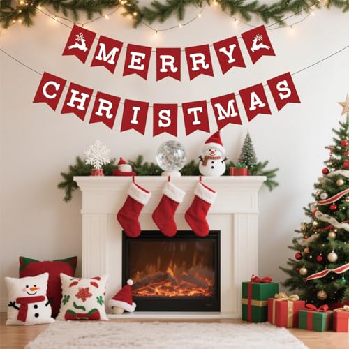 Neyeidru Red Merry Christmas Banner - Paper Party Sign, Pre-Strung