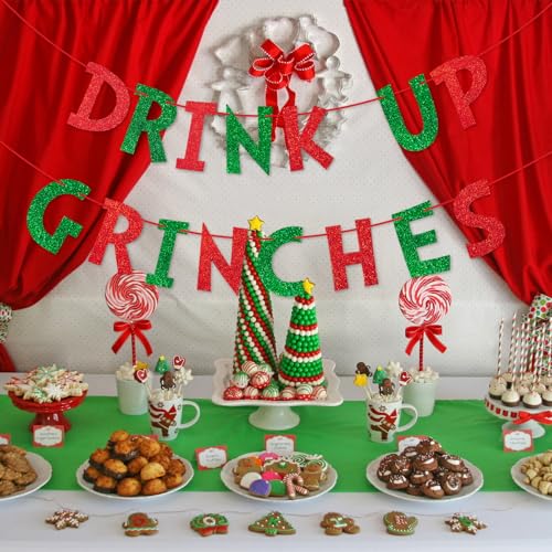 Drink Up Christmas Decorations Red Green Glittery Christmas Banner Xmas Garland Banners Winter Holiday Garland Photo Props Banners Christma Party Decorations for Xmas Backdrop Decorations