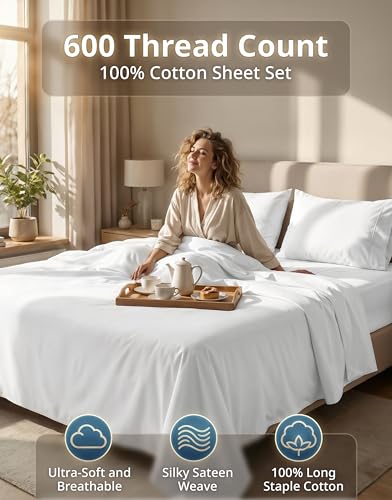Queen Bed Sheets 600TC Long-Staple Cotton Silky Sateen White - Variation of THIS listing