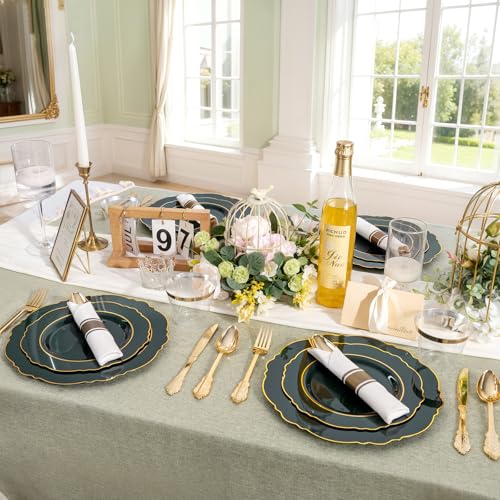Liacere Green Plastic Plates 350pc Set with Gold Rim, 50 Guests Includes Napkins, Silverware & Cups - Green/Gold, 50 Dessert Plates