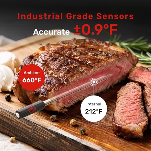 Pro Wireless Meat Thermometer with Remote App Monitoring - Waterproof Probe, Wi-Fi & Bluetooth