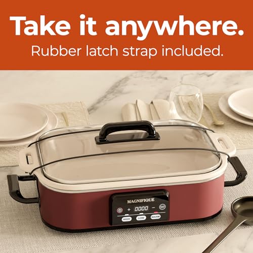 4 Quart Digital Slow Cooker with Oven-Safe Ceramic Pot - Red, Includes Lid & Latch Strap