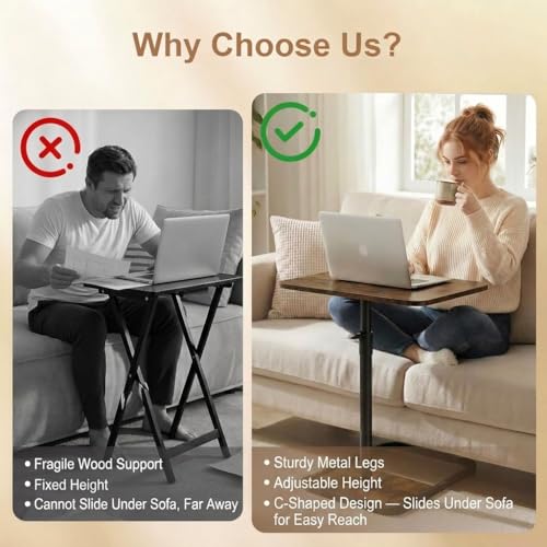 Large Adjustable Height TV Tray Tables Set of 2 - Brown Couch Side Tables