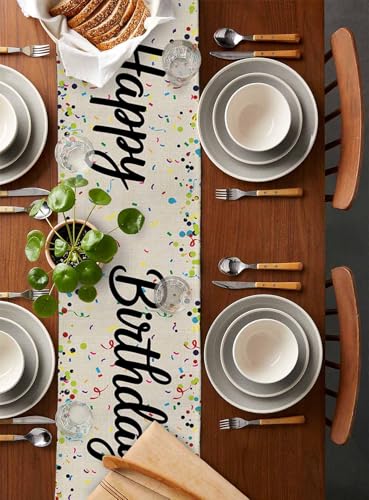 Ueplerts Happy Birthday Table Runner 13x36 Inches Beige Linen Polka Dot, 36in Long