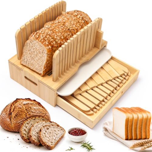 Bamboo Bread Slicer with Adjustable Guides and Crumb Tray – Wooden Loaf Cutter