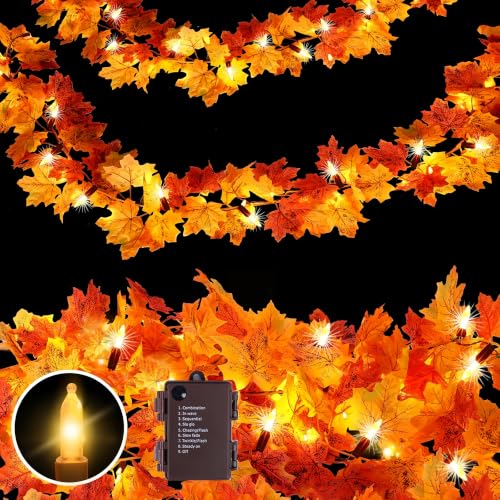 Wabarle 3 Pack Battery-Operated Fall Garland with Lights, 9.8FT, Orange Leaves & 50 Bulbs for Indoor Outdoor Thanksgiving Halloween Decor