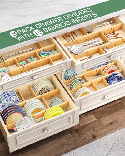 Adjustable Bamboo Drawer Dividers - 8 Pack, Expand from 18 to 22.6 Inches, Non-Slip Silicone Ends, Natural