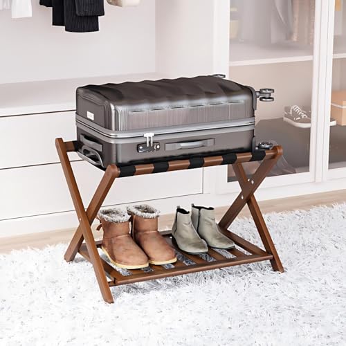 Smart FENDEE Walnut Fully Assembled Bamboo Luggage Rack with Shoe Shelf - Heavy-Duty Suitcase Stand for Guest Room, Bedroom, Hotel, 1 Pack