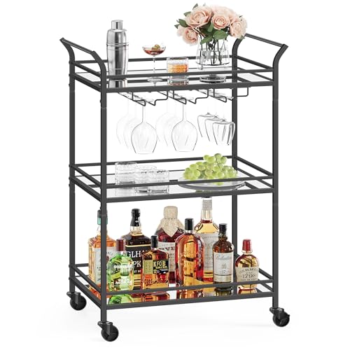 VASAGLE Black 3-Tier Bar Cart with Mirrored Glass Shelves, Portable & Sturdy