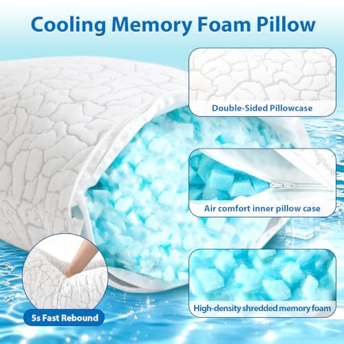 WGAKCED Queen Size Cooling Pillow Set of 2 - Adjustable Memory Foam Bed Pillows
