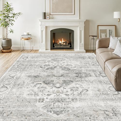 8x10 Ivory & Gray Non-Slip Washable Area Rug for Living Room