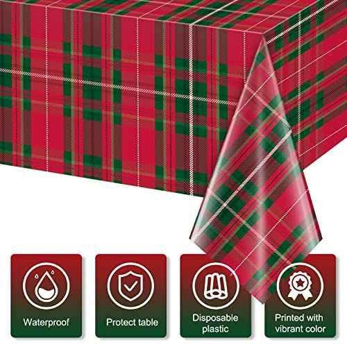 3Pcs Christmas Buffalo Checkered Plaid Party Tablecloth Decorations,Disposable Plastic Red and Green Xmas Rectangle Table Cover Backdrop for Christmas Winter Holiday Party Supplies, 54 x 108 inches