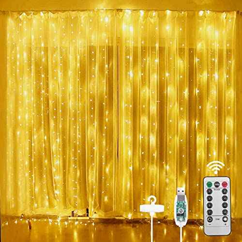 Vicloon Fairy Curtain Lights, Warm White LED 8 Mode 9.8x9.8Ft Waterproof Curtain String Lights for Indoor/Outdoor, Powered by USB with Remote Control