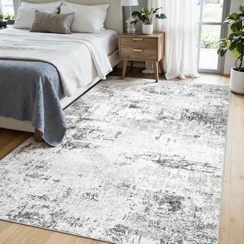 6x9 Large Washable Abstract Area Rug - Soft Non-Slip Living Room Carpet - White Grey Black, Rectangular