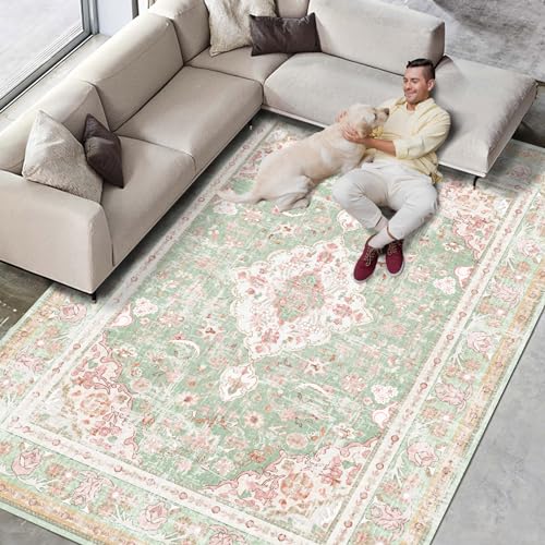 Vhong Washable Area Rug 5x7 Green and Pink Boho Vintage Modern Large Carpet for Living Room and Dining Room - Non Slip