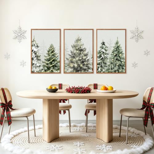 Large Framed Christmas Tree Wall Art - Winter Snowy Pine Scene, 24x36 Inches, Holiday Decor