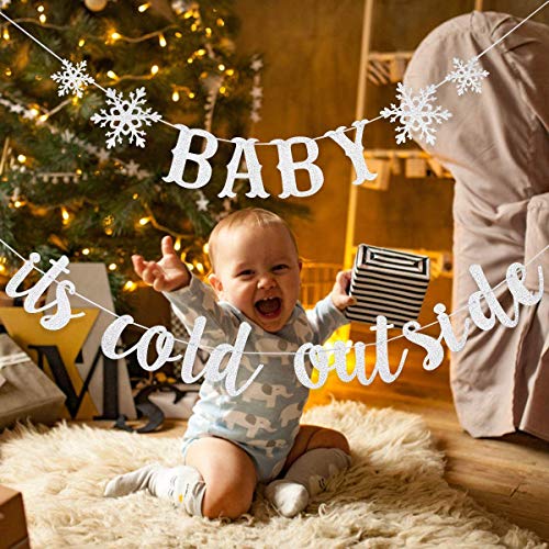 Silver Baby It's Cold Outside Banner and Snowflake Banner Garland, Winter Wonderland Baby Shower Party Decorations