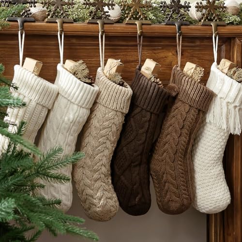 Pawliss Farmhouse Knitted Personalized Christmas Stockings 6 Pack - 18 Inch White Brown Beige Cable Knit Holiday Decor