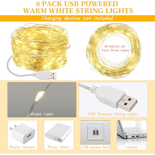 Macarrie 6 Pcs USB Fairy Lights 16ft Warm White String Lights