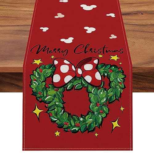 Seliem Merry Christmas Wreath Table Runner, Xmas Red Polka Dot Bow Stars Kitchen Dining Table Decor, Winter Holiday Farmhouse Home Decoration Indoor Outdoor Party Supply 13 x 72 Inches