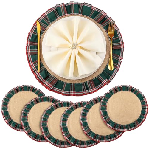 HunnmingRe 6-Pack Round Christmas Plaid Placemats – Red & Green, 15.75in