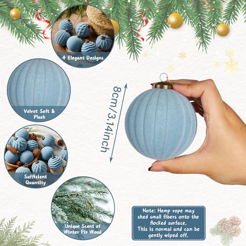 Bornerwhite 24 Pcs Dusty Blue Velvet Christmas Balls 3.15 Inch Flocked Holiday Ornaments