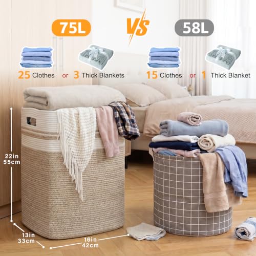 Collapsible Laundry Hamper Basket - Natural Cotton Rope, Large 16.5x13x22 Inches - Yellow Variegated
