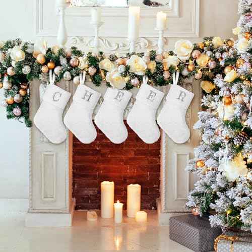 7 inches Initial Monogram Christmas Stocking White Personalized Christmas Stockings with Embroidered Letters Super Soft Initial Christmas Stocking for Xmas Holiday Christmas Tree Fireplace Decor(M)