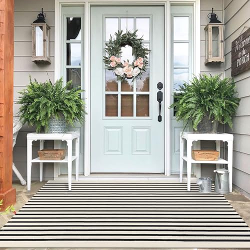 Black and Beige Striped Outdoor Rug - 4x6 Washable Porch Mat - Light Beige/Black Stripe