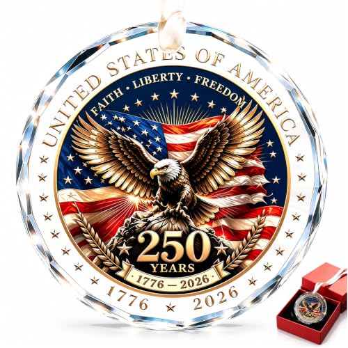250th Anniversary USA Christmas Ornament – Crystal Patriotic Eagle, 3.15in, Includes Red Gift Box (Variation: 250 Ornaments-two)