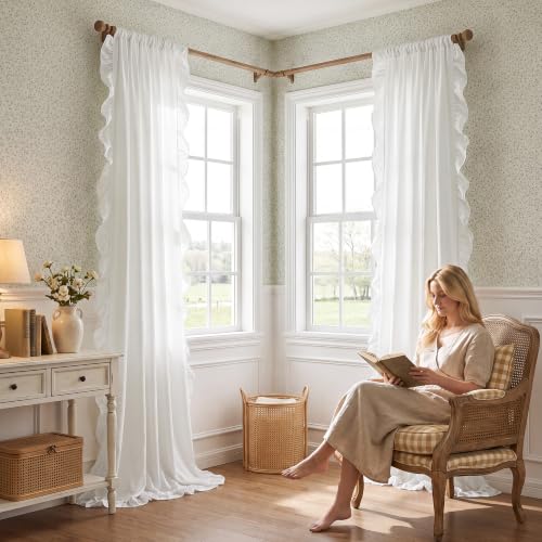StangH White Ruffle Curtains 52x84 Inches Pack of 2 Shabby Chic Style