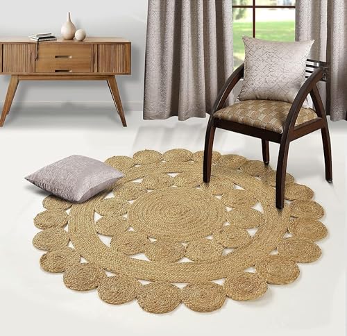 GRUHUM Natural Jute Area Rug 6ft Round Hand Woven Boho Farmhouse Decor