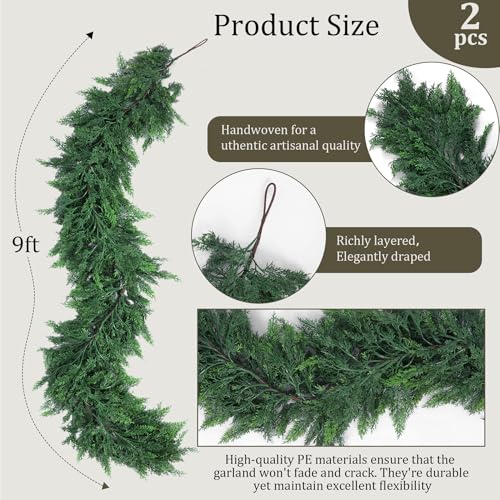 Hananona 9 ft Christmas Cedar Garland, 2 Pcs Real-Touch Green