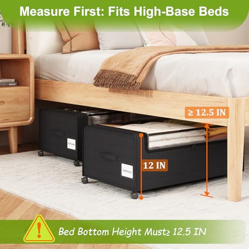 Webetop Under Bed Storage Containers with Wheels - 12 Inch Black Bin - Locking Casters & Clear Lid, 2-Pack