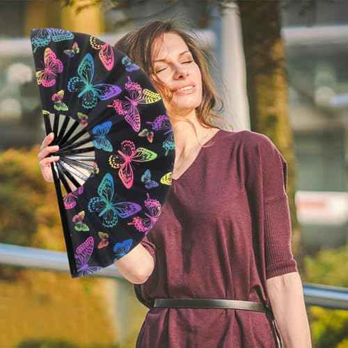 Folding Fan UV Glow Rave Bamboo Summer Hand Fan Butterfly Decoration Dancing Party Wedding Night Club Concert Festival Large (Multicoloured-10, M)