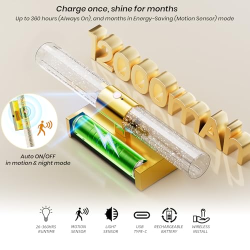 IRONPAX Wireless Rechargeable Wall Sconces Set of 2 - Brushed Gold with Bubble Crystal, Dimmable LED Lights with Remote, No Hardwiring Needed